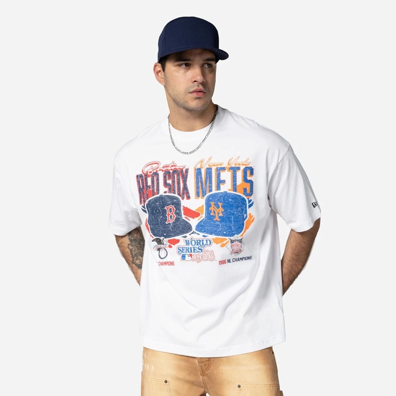 Boston Red Sox VS New York Mets MLB Dueling Logos Sport Classic White T-Shirt