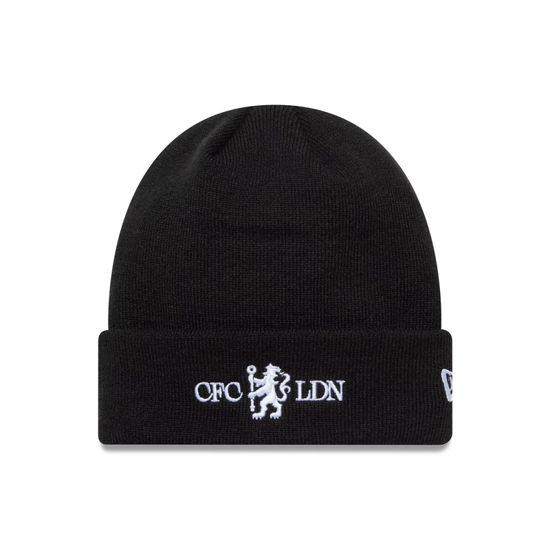 Chelsea FC Lion Crest Wordmark Black Cuff Knit Beanie Hat