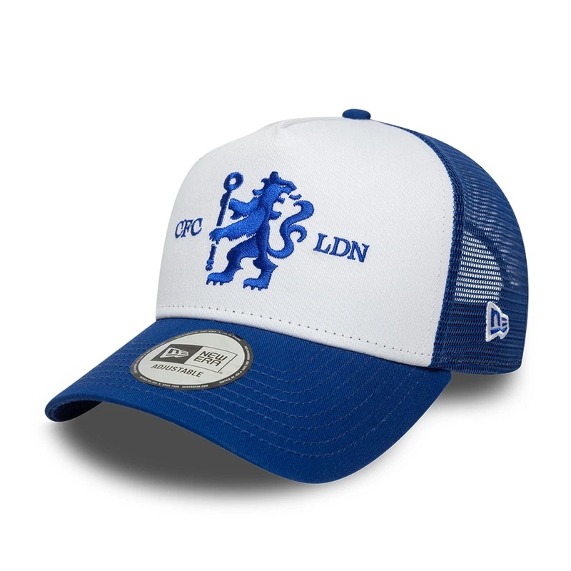 Chelsea FC Lion Crest Wordmark Blue 9FORTY A-Frame Trucker Adjustable Cap