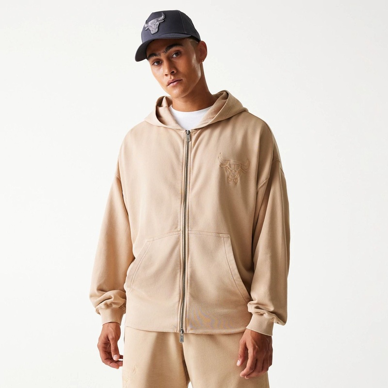 Chicago Bulls NBA Washed Beige Full Zip Hoodie