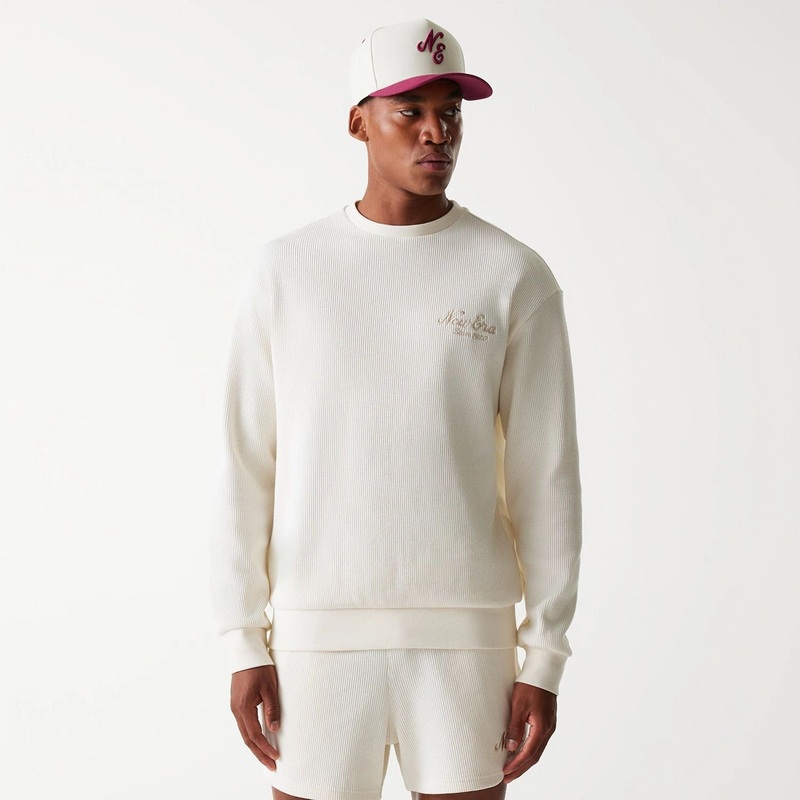 New Era Waffle Open White Oversized Crew Neck Sweater