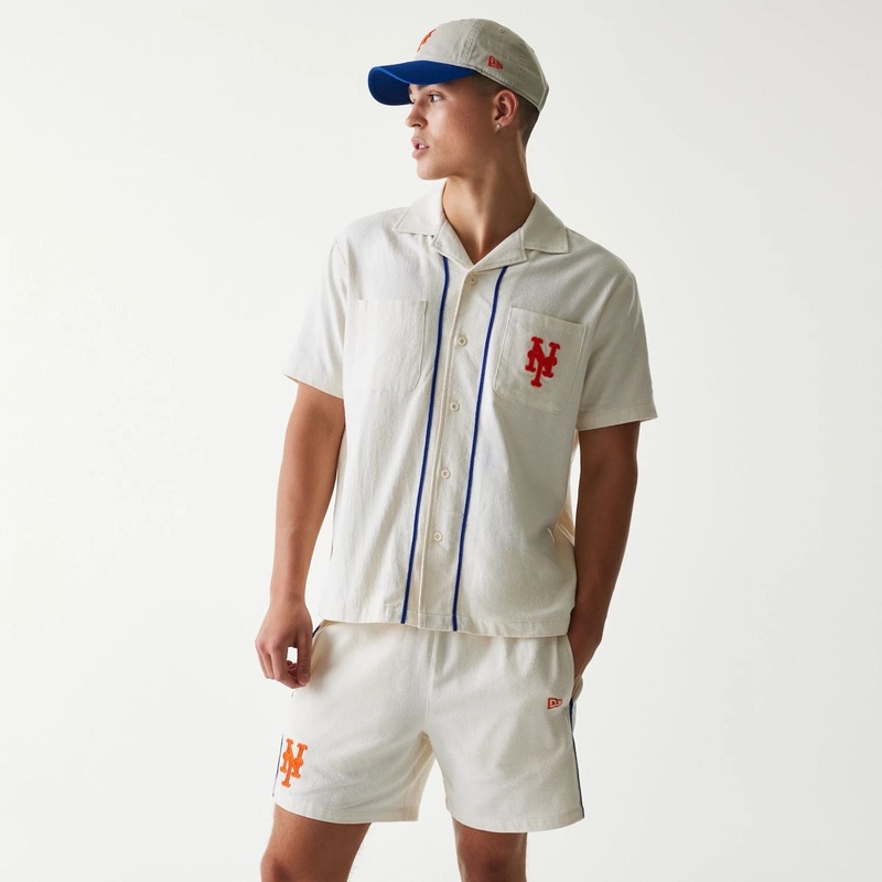 New York Mets MLB Piping Open Cream Short Sleeve Shirt