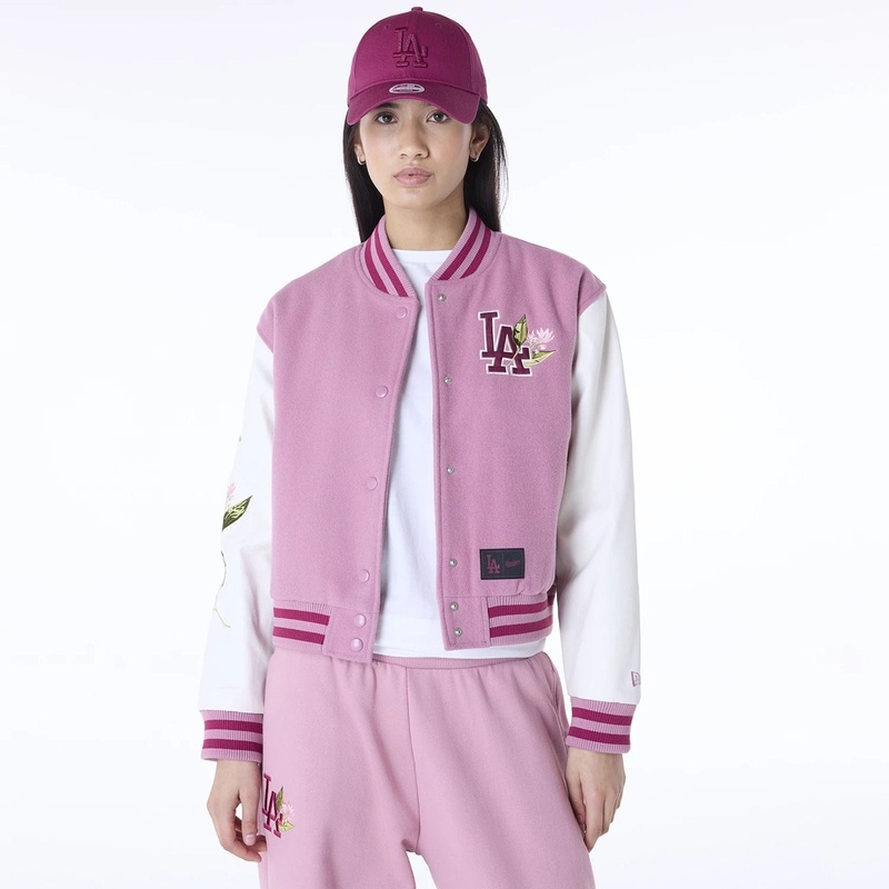 LA Dodgers Womens MLB Floral Dark Pink Varsity Jacket
