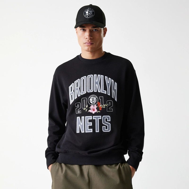 Brooklyn Nets NBA Floral Black Oversized Crew Neck Sweater
