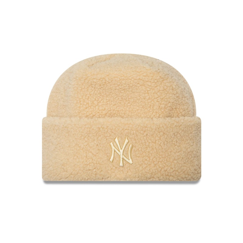 New York Yankees Womens Borg Light Beige Cuff Knit Beanie Hat